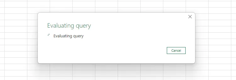 Cửa sổ Evaluating Query (Đánh giá Truy vấn) của Microsoft Excel đang xử lý dữ liệu trước khi hiển thị trong Power Query Editor.