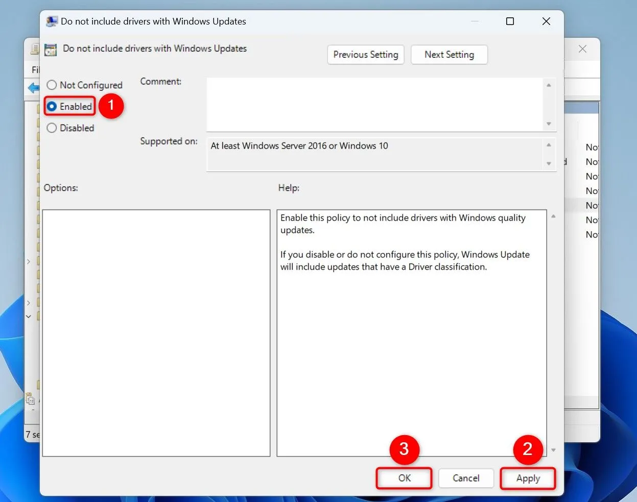 Cửa sổ Local Group Policy Editor để cấu hình không bao gồm driver trong Windows Update