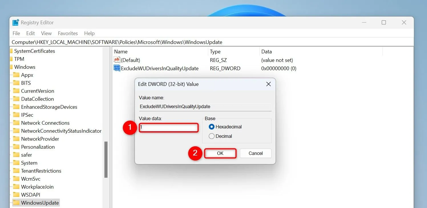 Cửa sổ Registry Editor hiển thị cách tạo và chỉnh sửa giá trị DWORD để chặn cập nhật driver