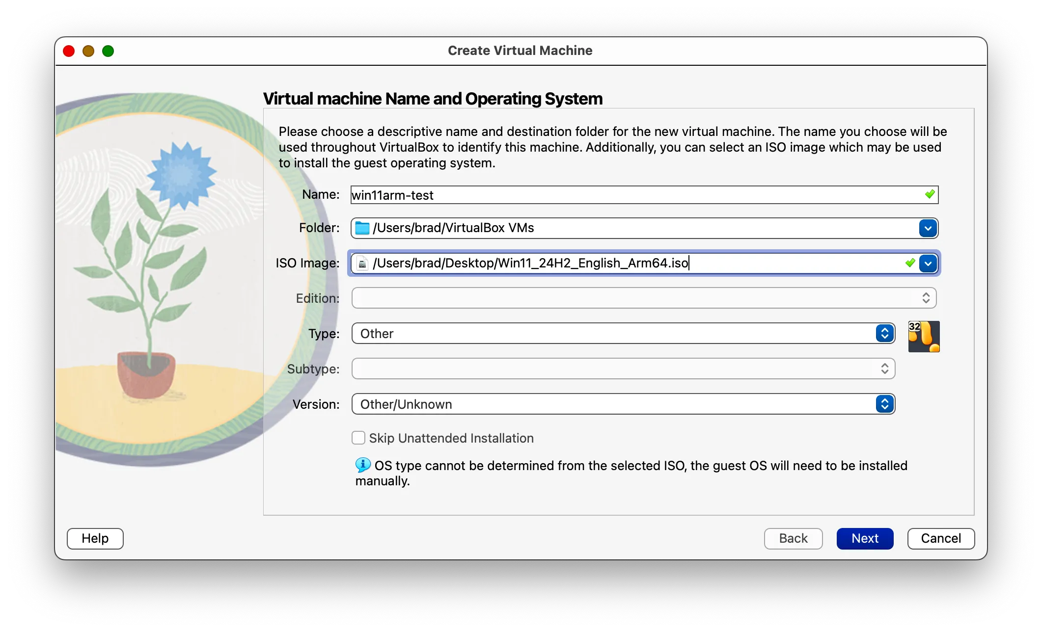 Cửa sổ tạo máy ảo mới trong VirtualBox, cấu hình cho Windows 11 ARM.