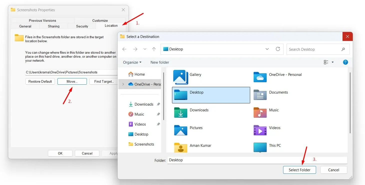 Cửa sổ thuộc tính của thư mục Screenshots cho phép di chuyển vị trí lưu trữ