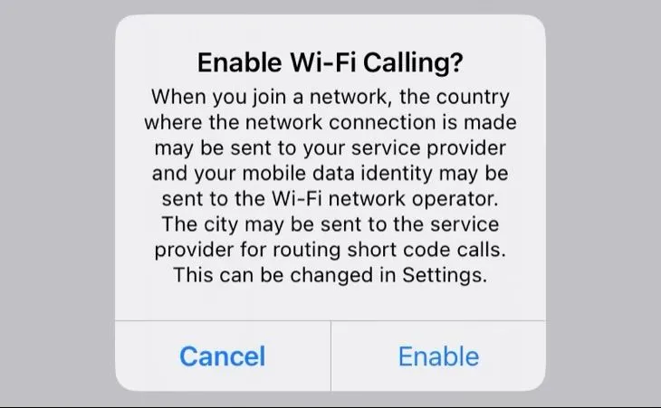 Cửa sổ xác nhận bật Wi-Fi Calling trên iPhone, hỏi người dùng có muốn kích hoạt tính năng này hay không.