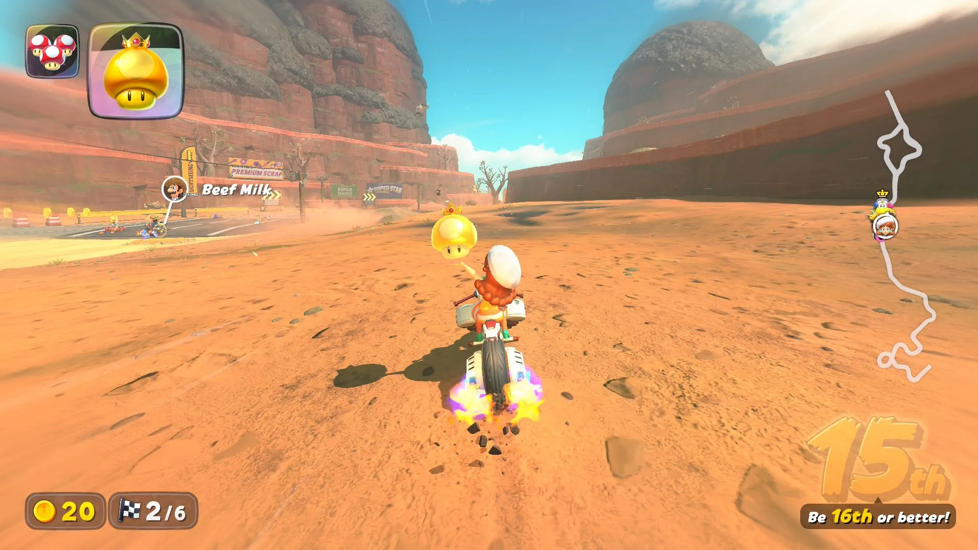 Daisy sử dụng nấm tăng tốc off-road để đi đường tắt trong Mario Kart World
