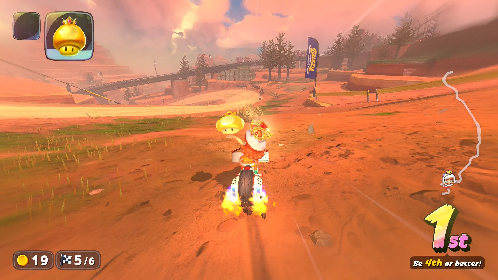 Daisy sử dụng Nấm Tăng Tốc Vàng trong Mario Kart World