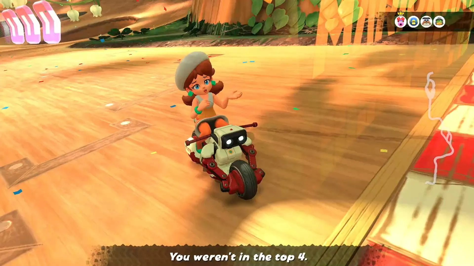 Daisy thua một ván Knockout Tour trong Mario Kart World