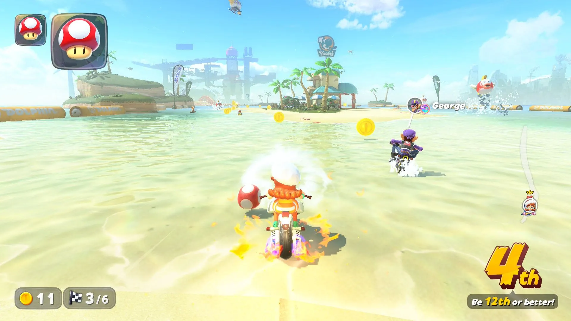 Daisy thực hiện kỹ thuật hút gió (drafting) trong Mario Kart World