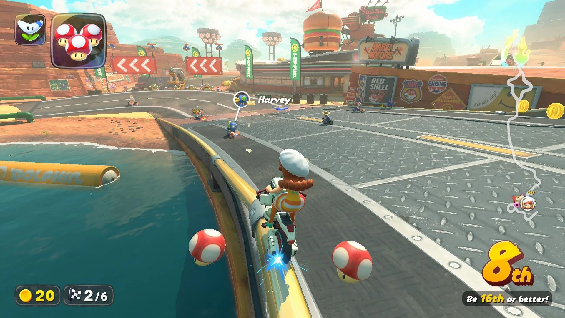 Daisy trượt trên một đường ray trong Mario Kart World