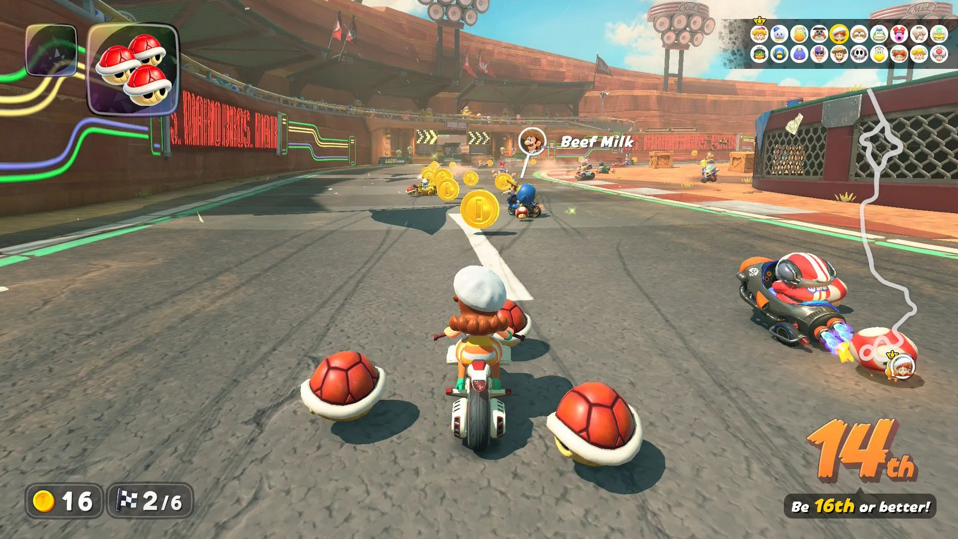 Daisy với ba Vỏ Đỏ trong Mario Kart World