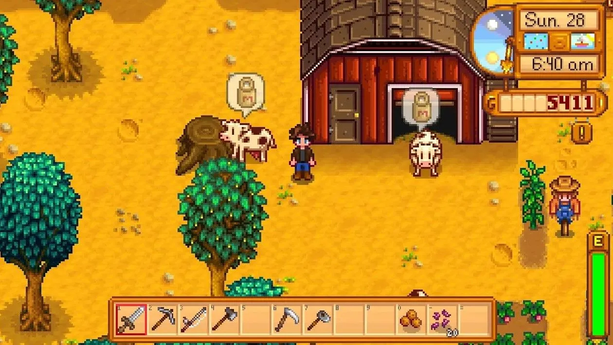 Đàn bò trên nông trại Stardew Valley với biểu tượng hiển thị trạng thái chăm sóc, minh họa tính năng Better Ranching Mod