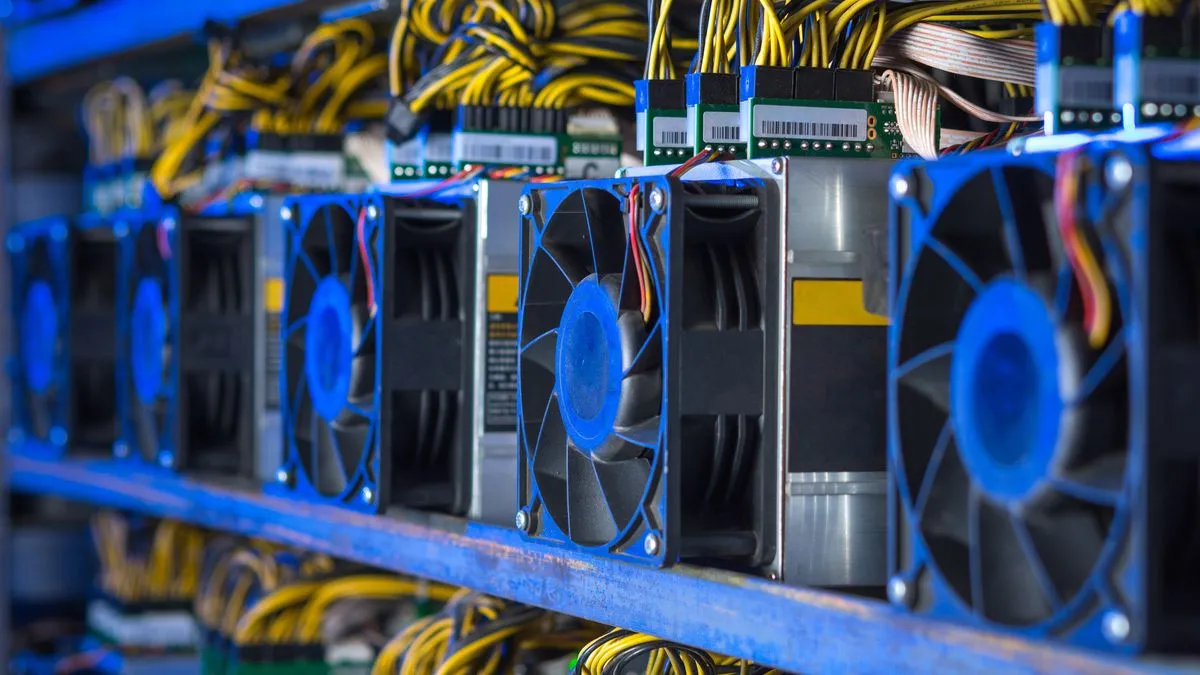 Dàn máy đào coin GPU xếp chồng lên kệ.