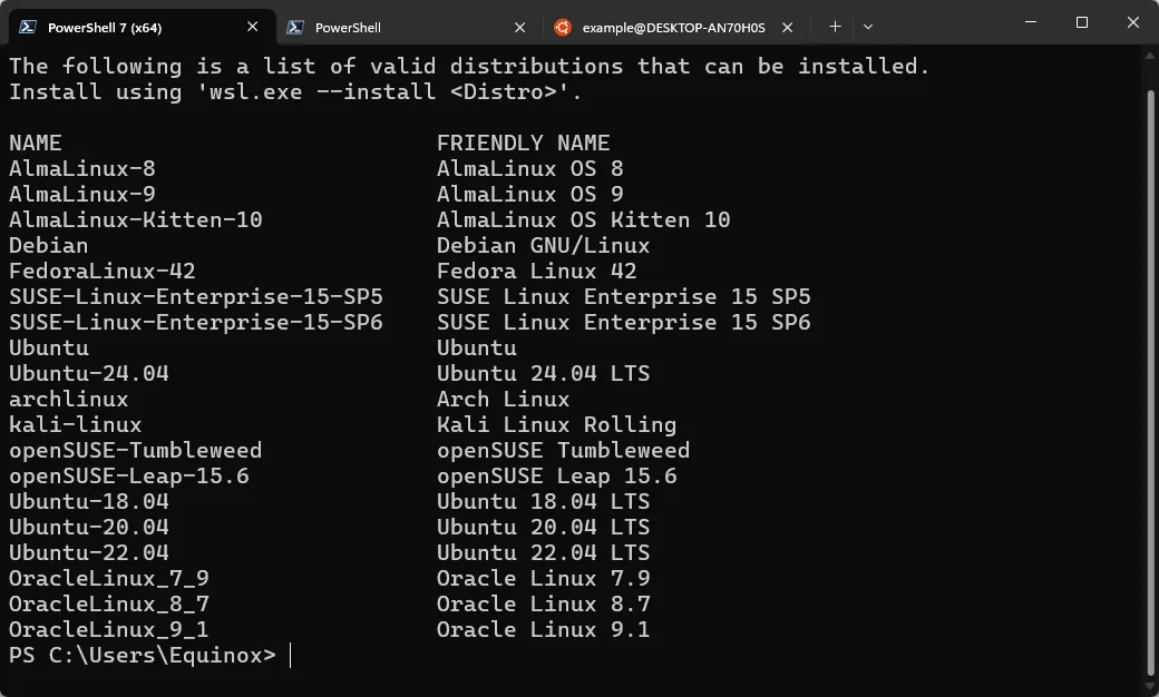 Danh sách các bản phân phối Linux có sẵn để cài đặt trực tiếp trong WSL2, hiển thị qua cửa sổ PowerShell.