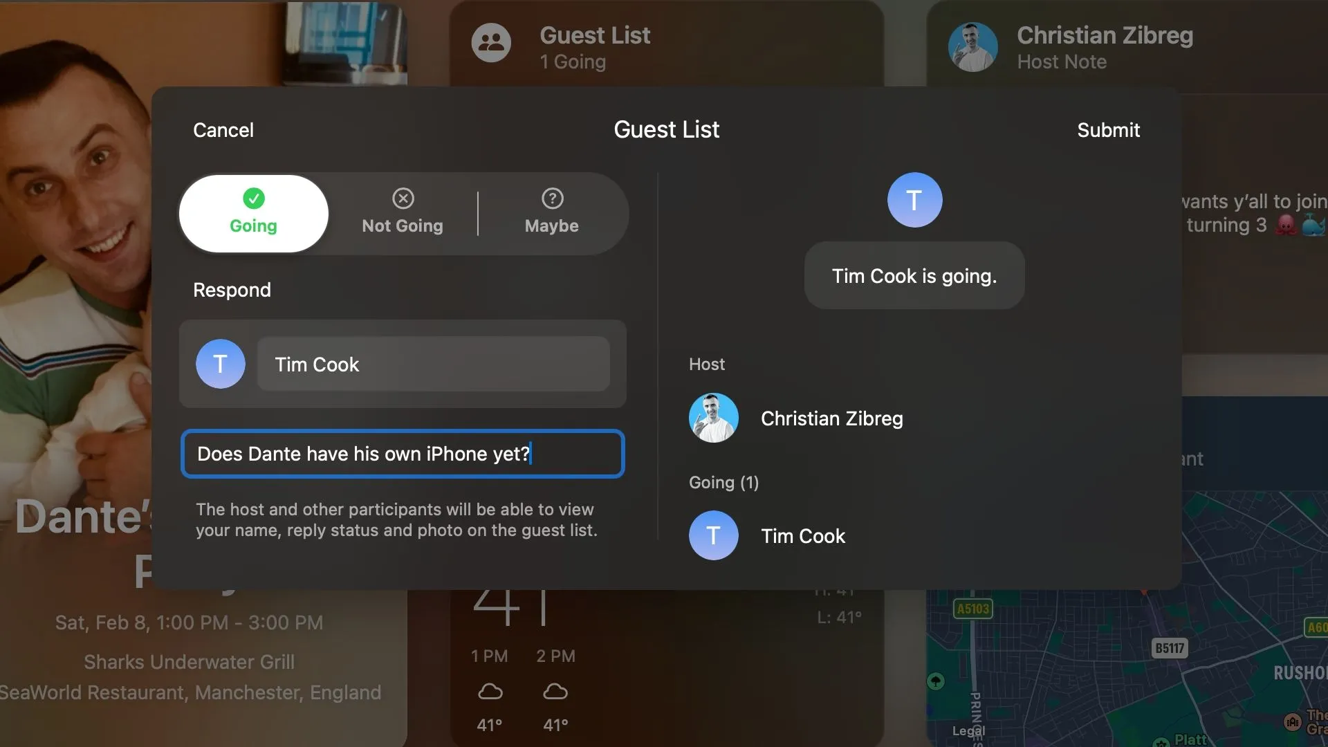 Danh sách khách mời sự kiện trên ứng dụng web Apple Invites.