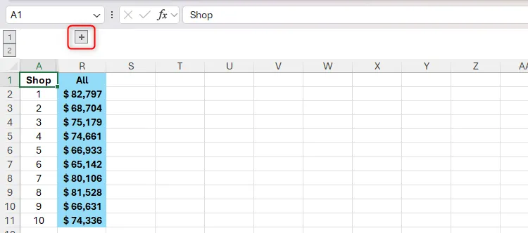 Dấu cộng trong Excel, chỉ ra rằng các cột được nhóm đang bị ẩn.