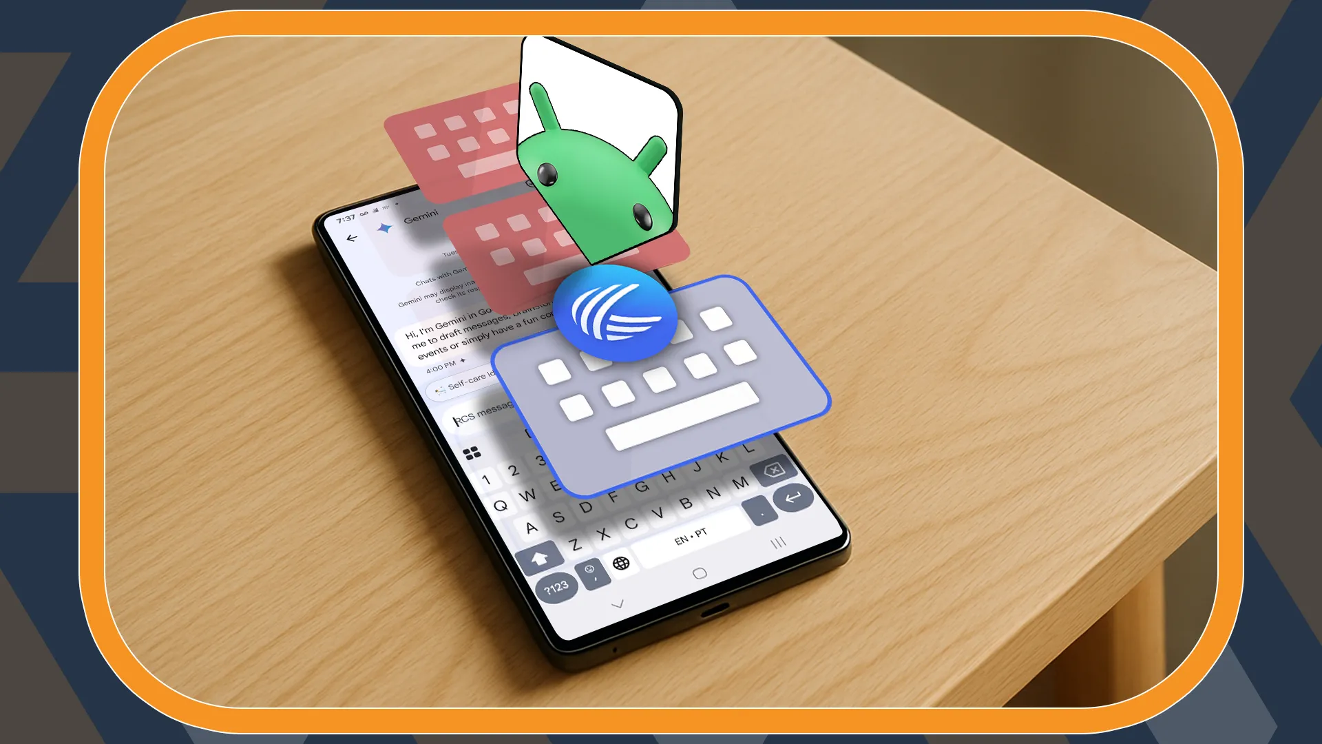 Điện thoại Android hiển thị các biểu tượng bàn phím nổi và linh vật Android ở trung tâm