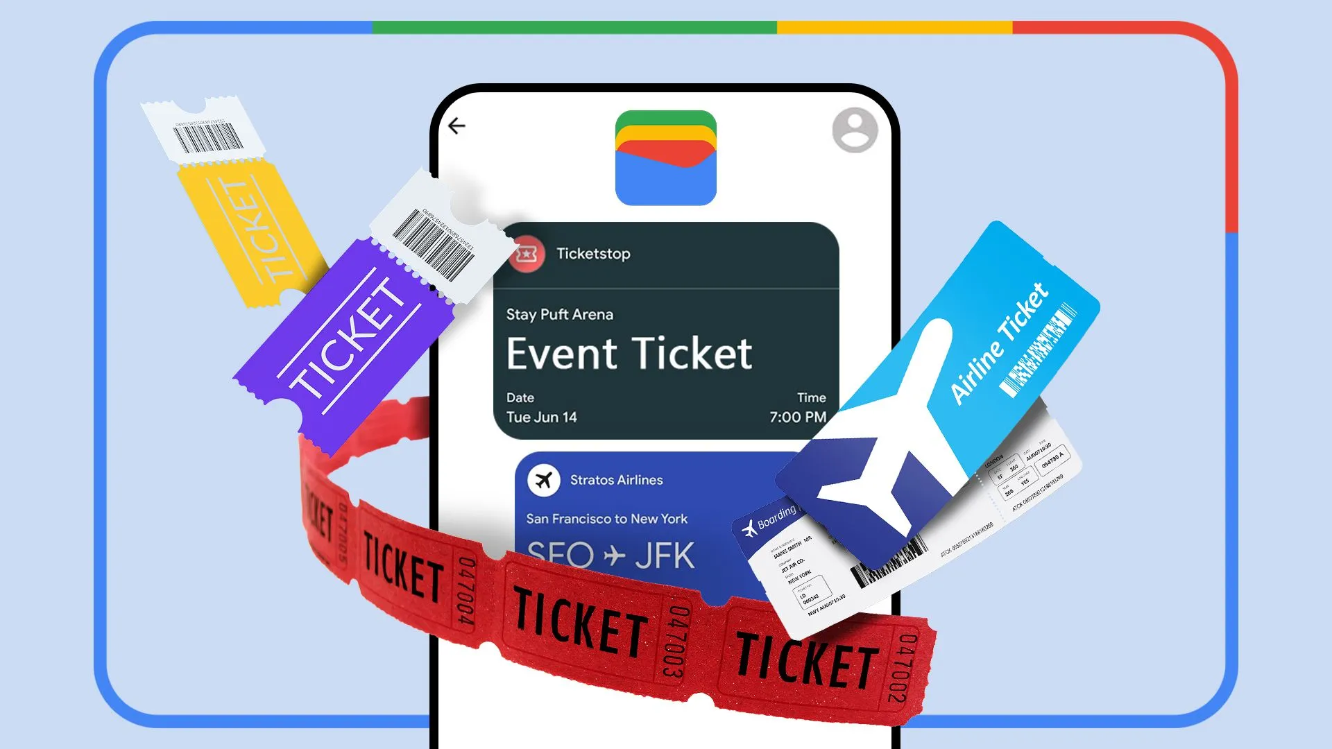 Điện thoại hiển thị Google Wallet đang mở và các loại vé điện tử xung quanh
