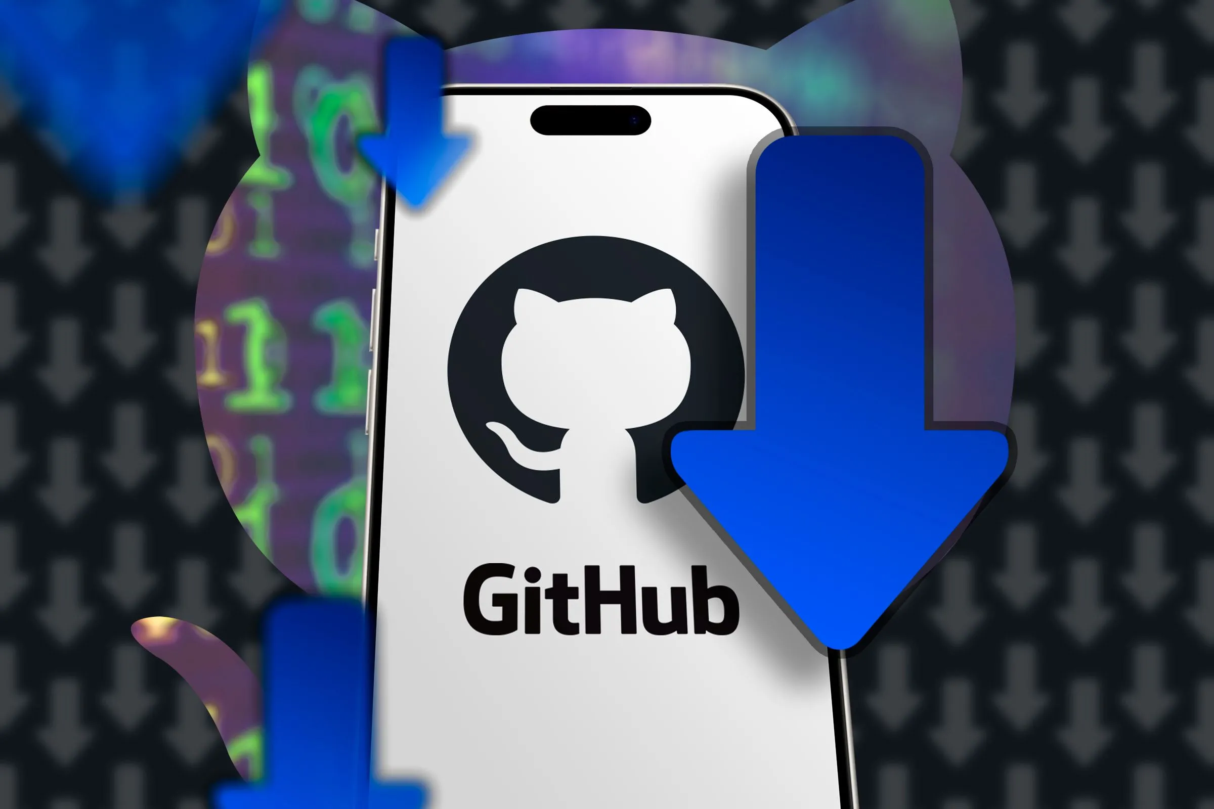 Điện thoại hiển thị logo GitHub cùng các biểu tượng tải xuống, tượng trưng cho việc tải phần mềm mã nguồn mở