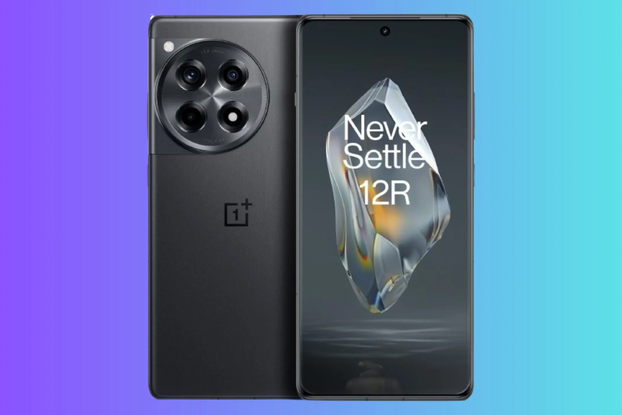 Điện thoại OnePlus 12R màu xám sắt trên nền chuyển màu.