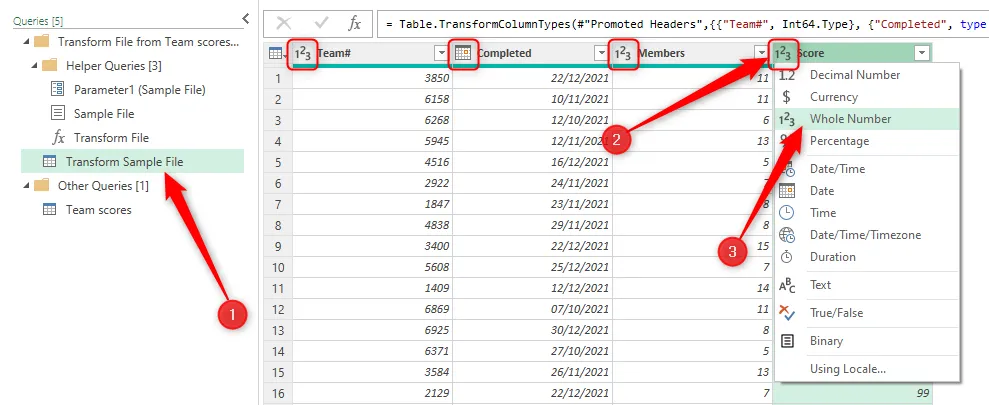 Điều chỉnh định dạng kiểu dữ liệu cho các cột trong Power Query Editor để đảm bảo tính chính xác khi xử lý dữ liệu Excel.