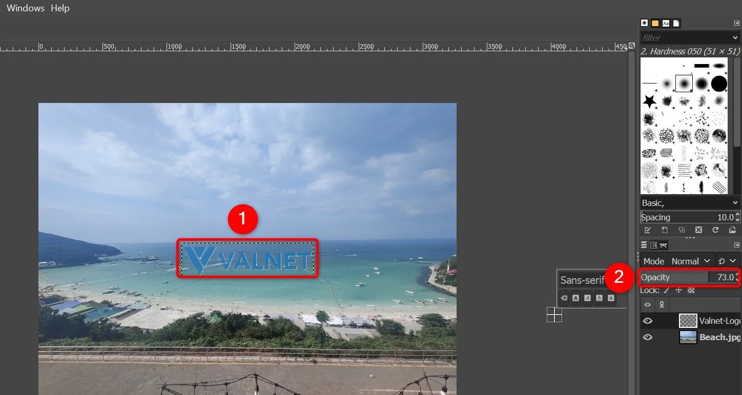 Điều chỉnh độ mờ (opacity) cho watermark ảnh trong GIMP