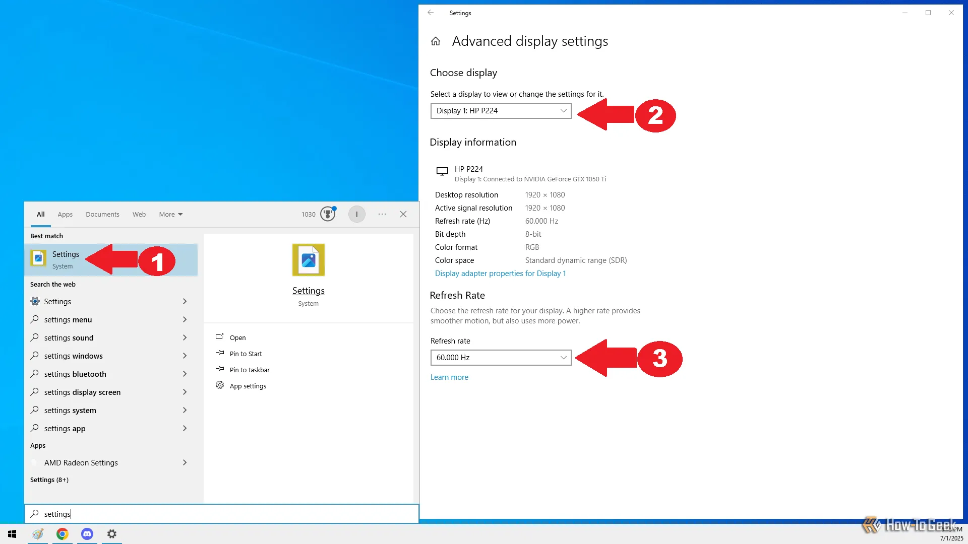 Điều chỉnh tần số quét (Refresh Rate) cho từng màn hình kết nối trong cài đặt hiển thị nâng cao của Windows