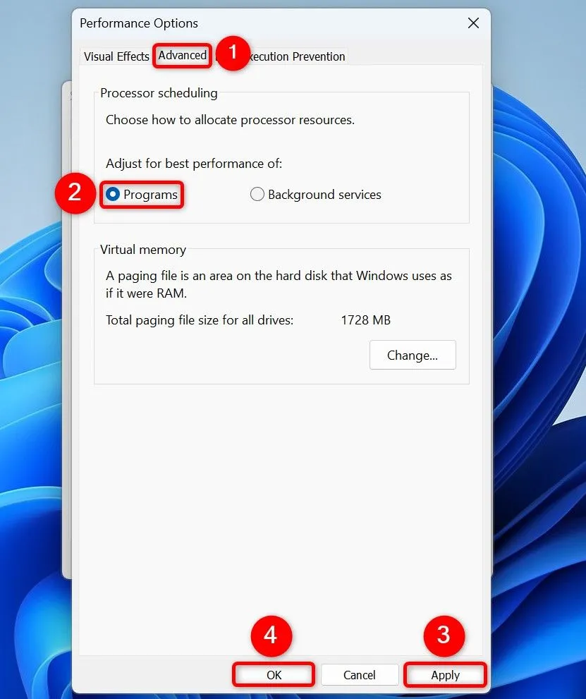 Điều chỉnh tùy chọn hiệu suất Windows 11 để ưu tiên chương trình và game.