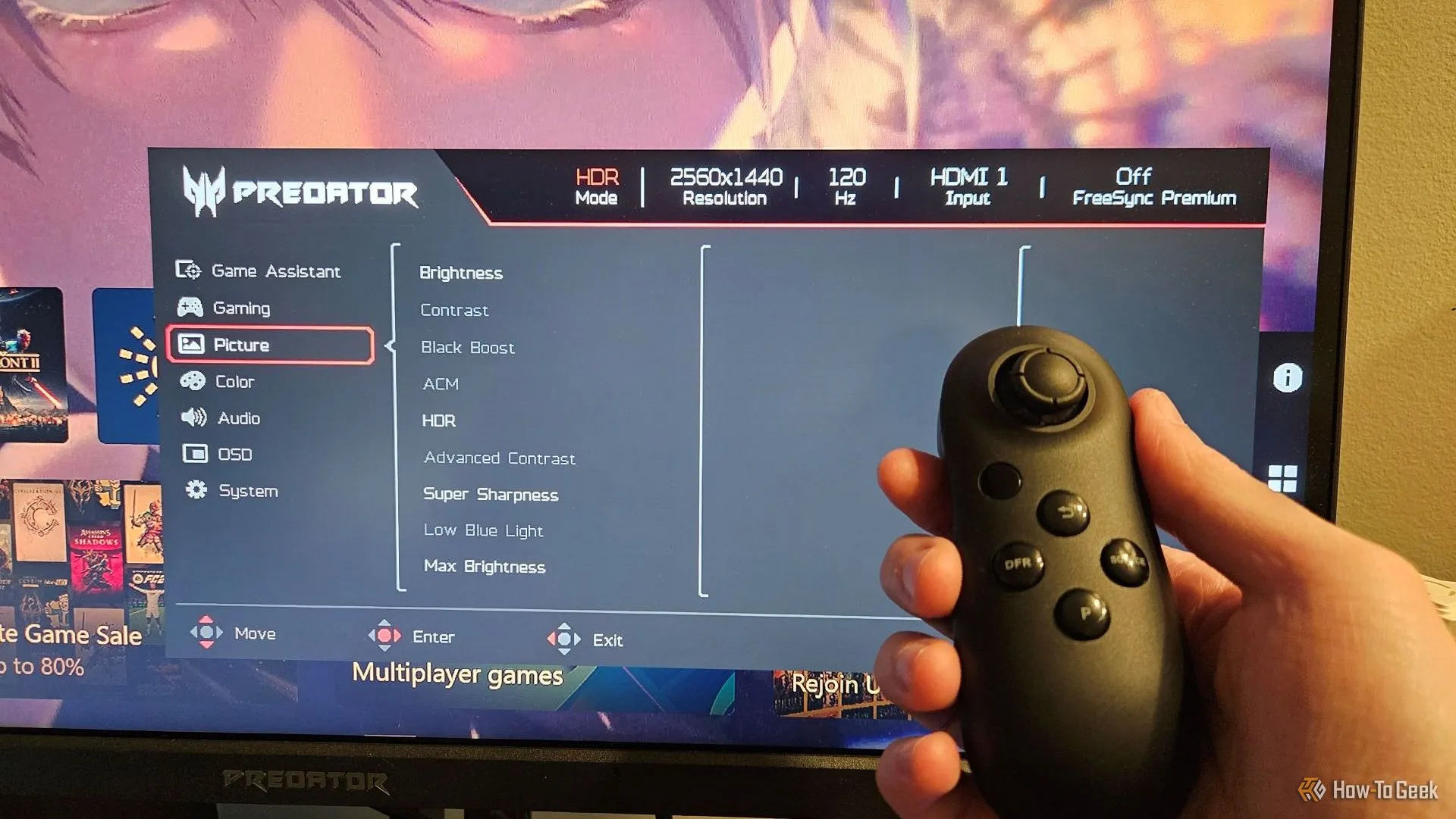 Điều khiển từ xa của Acer Predator XB273K V5 và giao diện menu OSD