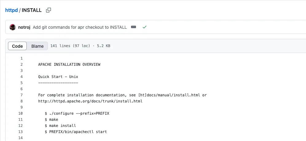 Đoạn trích từ file INSTALL của Apache hướng dẫn các bước biên dịch configure, make và make install