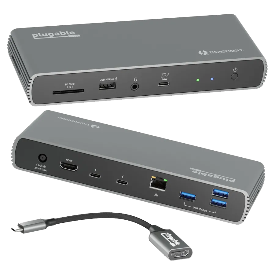 Docking Station Plugable Thunderbolt 4 và USB4 (TBT4-UDX1) mạnh mẽ, cung cấp nhiều cổng USB-A, Ethernet 2.5G và hỗ trợ thẻ SD UHS-II cho Chromebook.