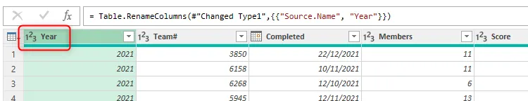 Đổi tên cột thành &quot;Year&quot; và thay đổi kiểu dữ liệu thành Whole Number (Số Nguyên) trong Power Query Editor.
