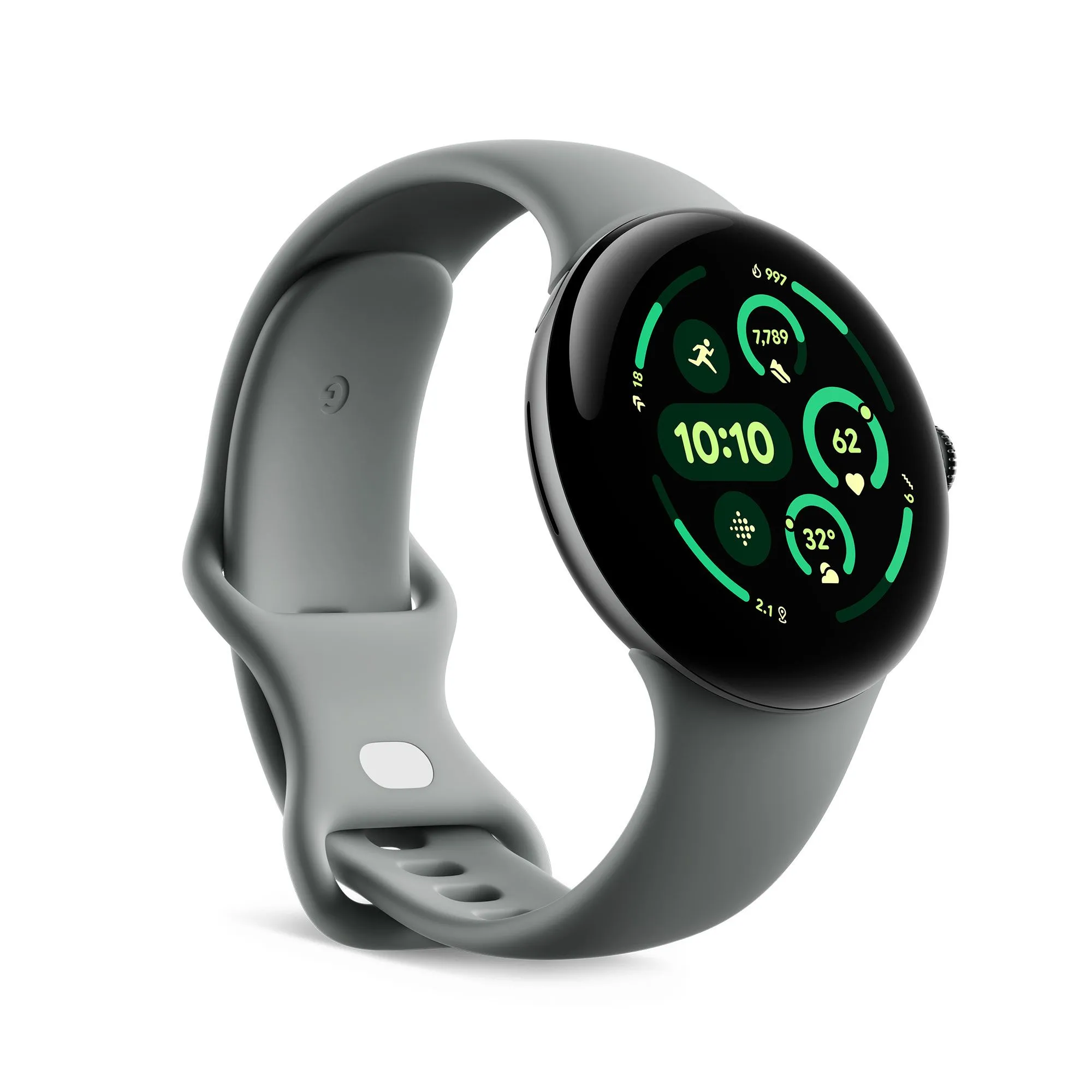 Đồng hồ thông minh Google Pixel Watch 3 màu xanh lá cây đặt trên nền trắng