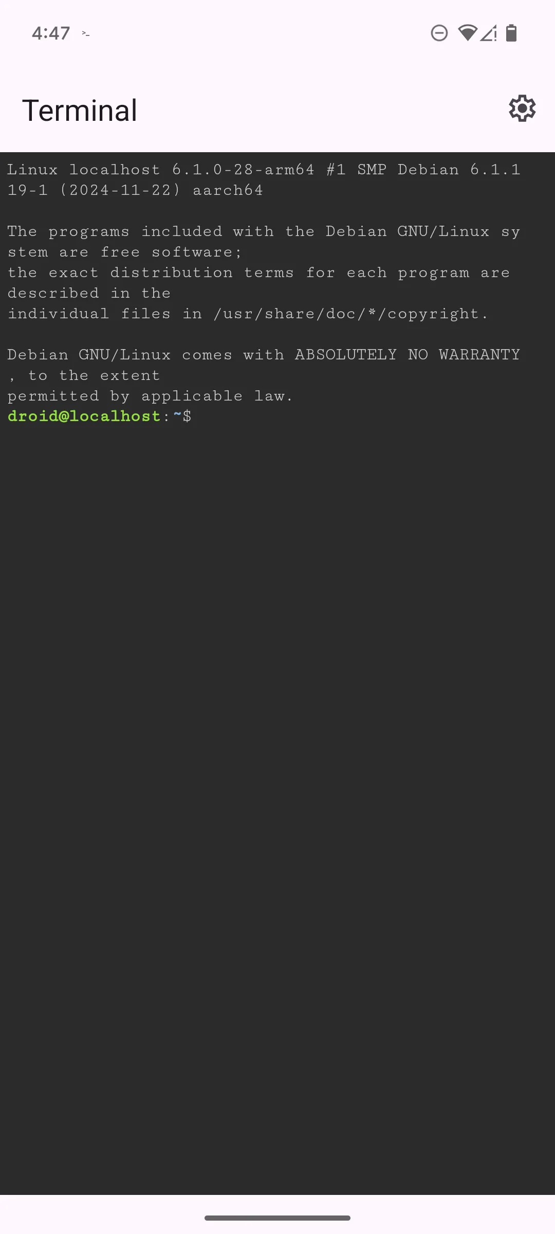 Dòng nhắc bash trống trong ứng dụng Terminal Linux trên Google Pixel 6.