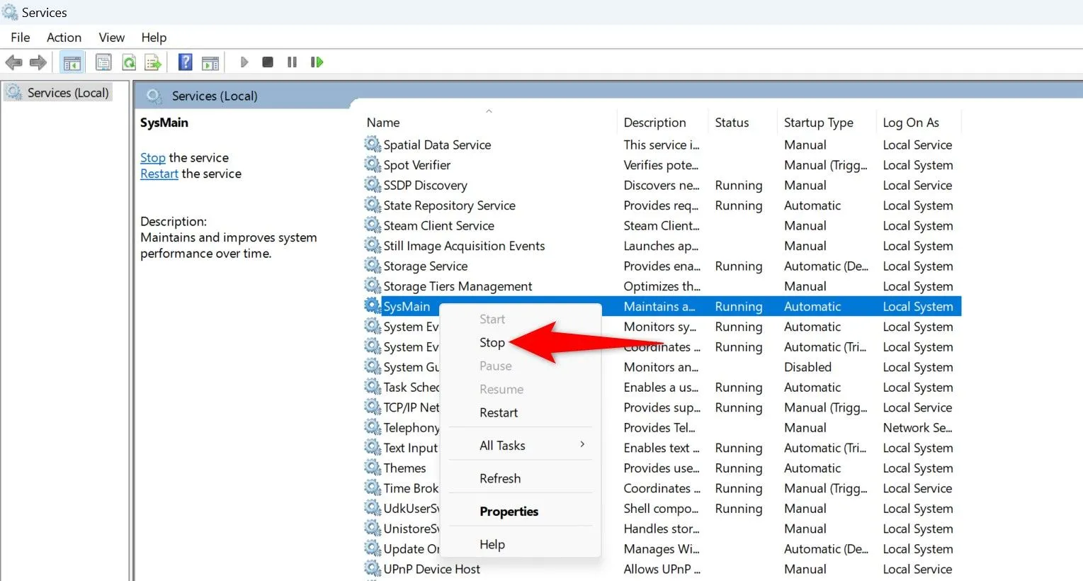 Dừng dịch vụ SysMain để giải phóng RAM trên Windows 11.