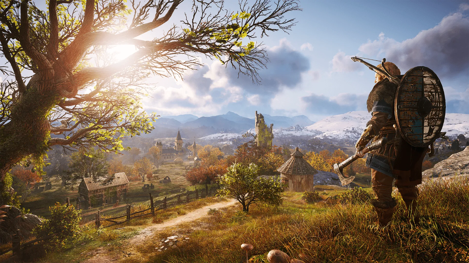 Eivor Varinsdottir, chiến binh Viking trong Assassin's Creed Valhalla, giữa bối cảnh Anh quốc