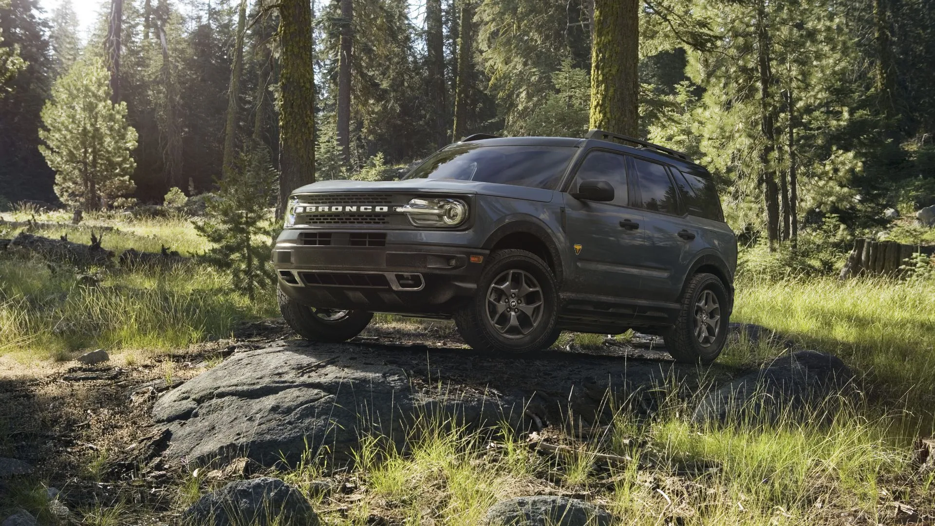 Ford Bronco Sport 2025 màu xám Area 51 đỗ trên mỏm đá trong rừng, nhấn mạnh khả năng off-road.