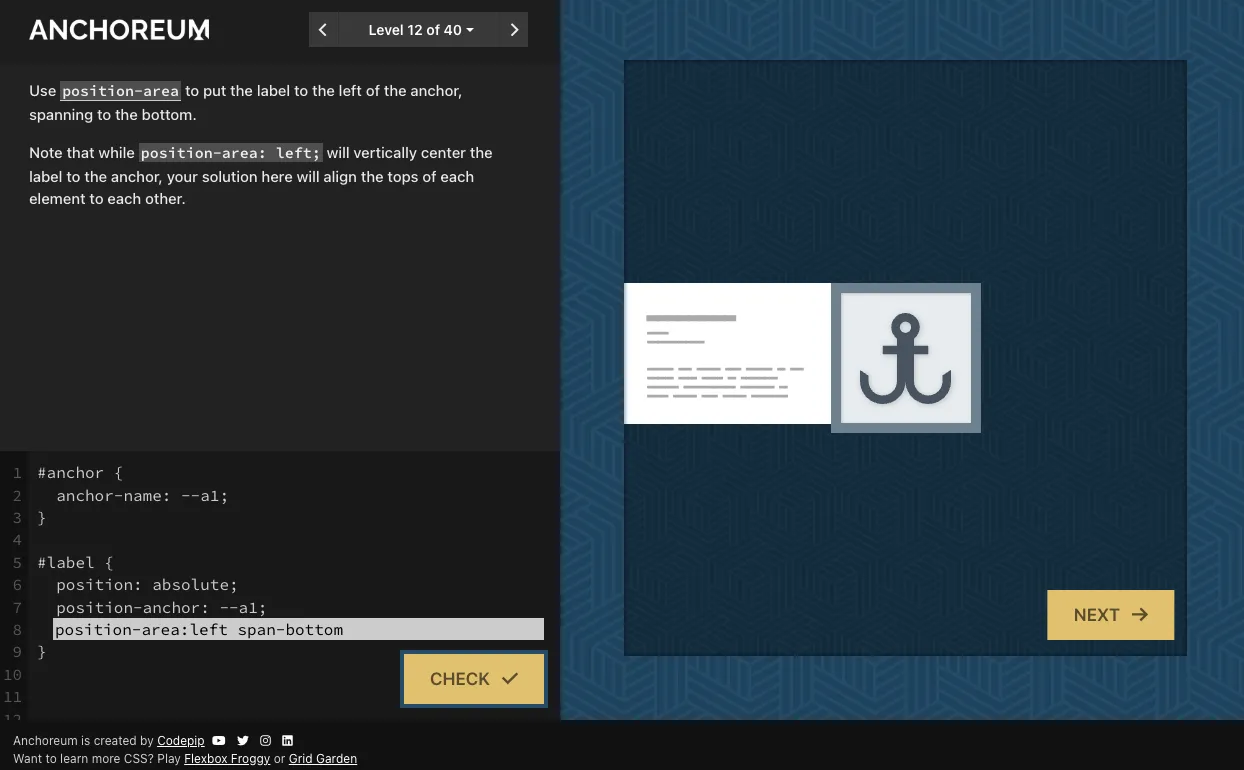 Game CSS Anchoreum với giao diện minh họa các phần tử được neo (anchor) và ô nhập code CSS.