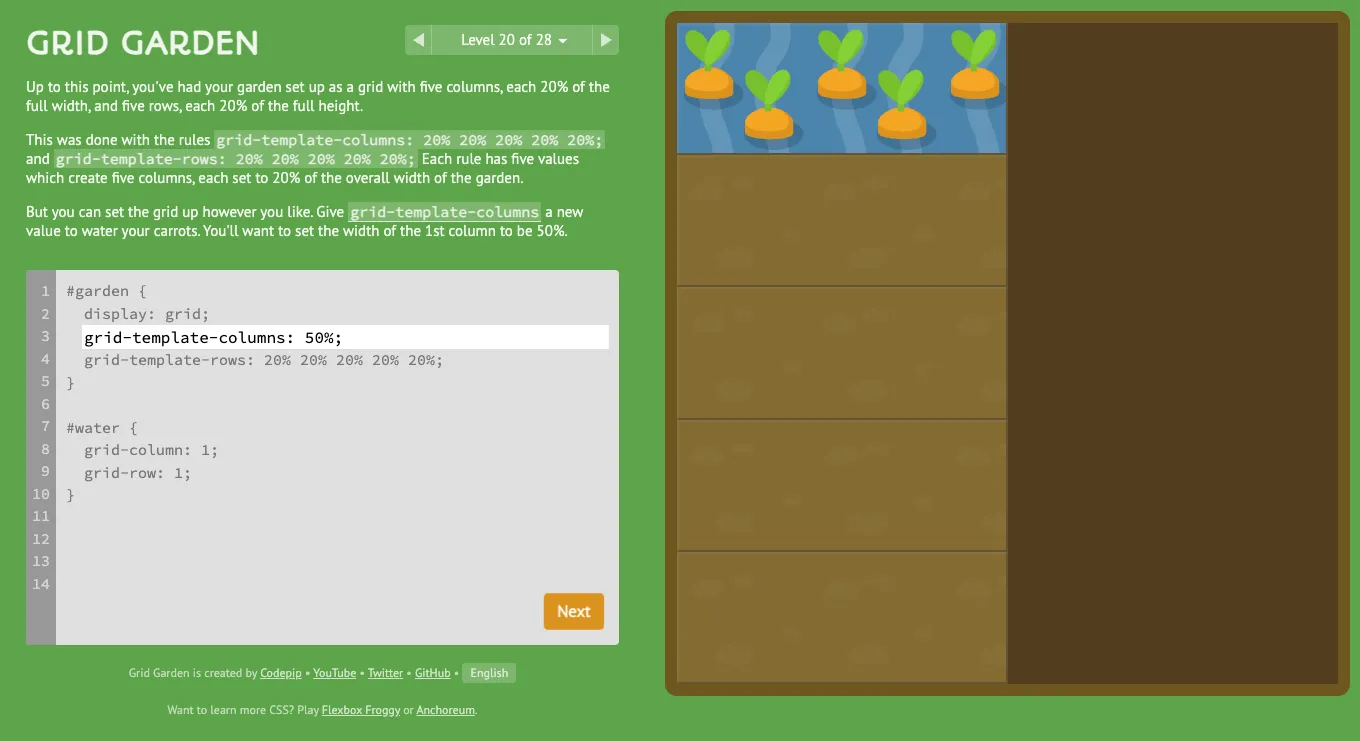 Game CSS Grid Garden với hình ảnh khu vườn trồng cà rốt, ô nhập code CSS Grid để điều khiển.