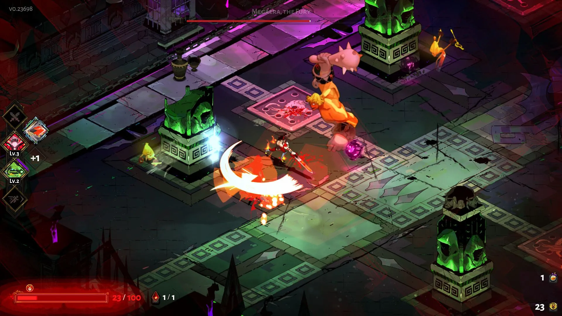 Gameplay Hades: Zagreus tấn công kẻ thù trong một trận chiến hoành tráng.