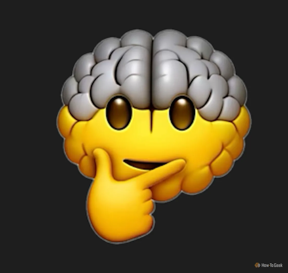 Genmoji bộ não đang suy nghĩ với khuôn mặt emoji truyền thống, minh họa khả năng AI tạo ra hình ảnh gây sốc.