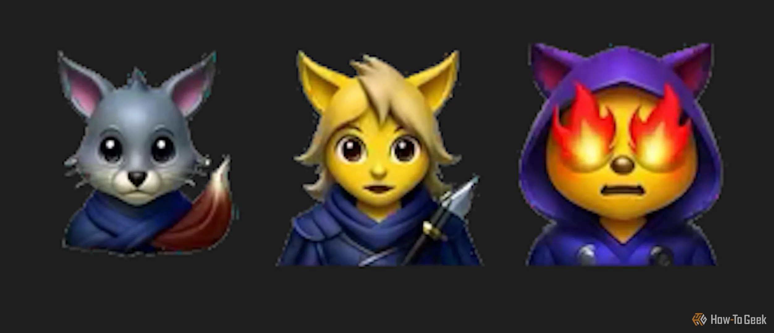 Genmoji các nhân vật RPG hình mèo anthropomorphic, kết quả không mấy ấn tượng khi yêu cầu AI tạo party game.