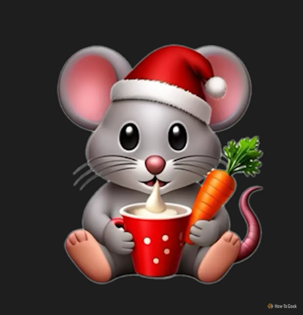 Genmoji chuột đội mũ ông già Noel cầm cà rốt và kem, một ví dụ về sự sáng tạo bất ngờ của Genmoji AI.