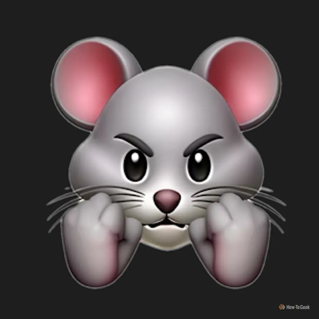 Genmoji chuột giận dữ với nắm đấm mọc ra từ má, minh họa những lỗi biến dạng hình ảnh khi tạo emoji bằng AI.