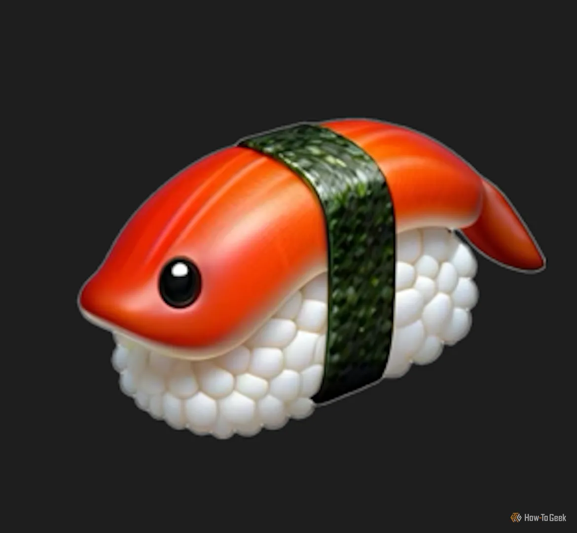 Genmoji cuộn sushi sống có mắt, một biểu tượng cảm xúc AI kinh dị và gây ám ảnh được tạo từ Apple Genmoji.