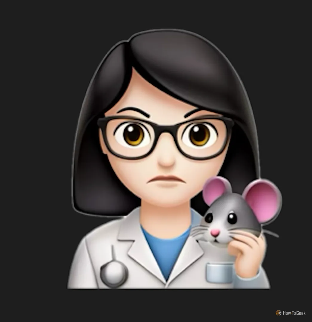Genmoji người phụ nữ áo lab với biểu cảm tức giận và bàn tay biến thành đầu chuột, cho thấy hạn chế của AI tạo sinh.
