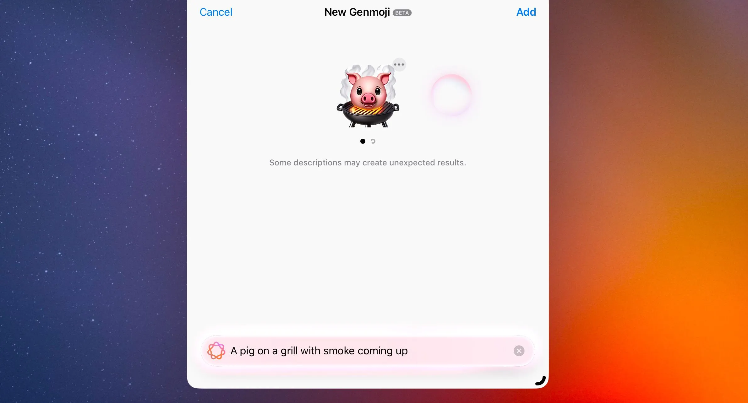 Genmoji tùy chỉnh hình ảnh một chú heo đang nướng trên vỉ, minh họa gợi ý ngữ cảnh trong tính năng AI của Apple.