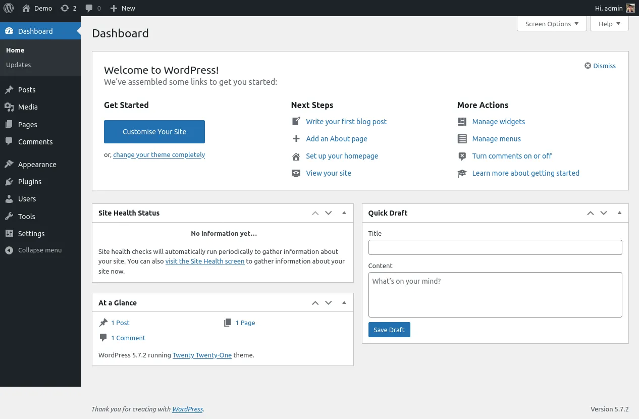 Giao diện bảng điều khiển WordPress sau khi cài đặt mới
