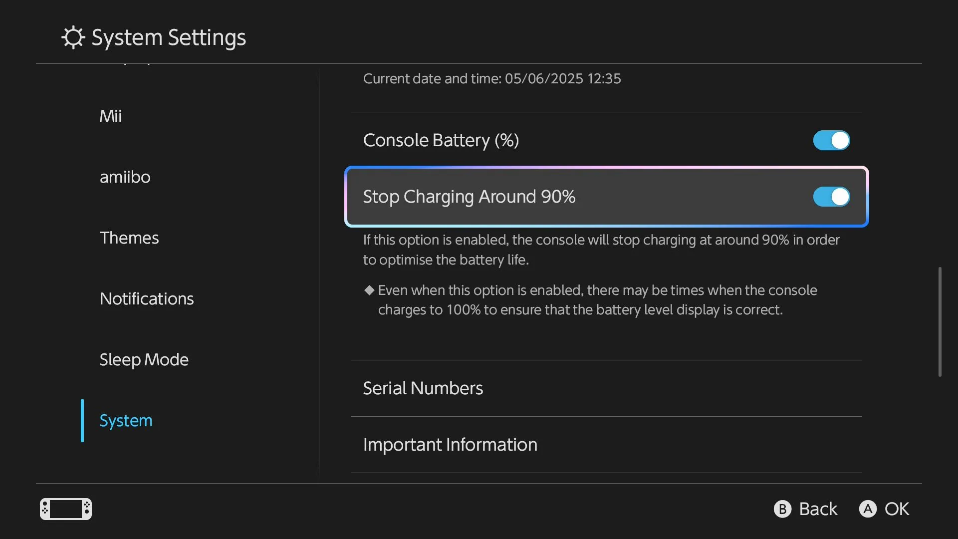 Giao diện cài đặt &quot;Stop Charging Around 90%&quot; trên Nintendo Switch 2 để giới hạn sạc pin