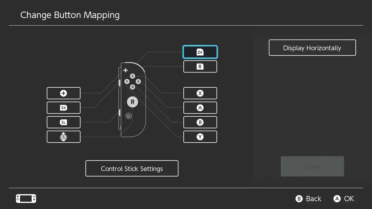 Giao diện Cài đặt thay đổi cấu hình nút (Change Button Mapping) trên Nintendo Switch