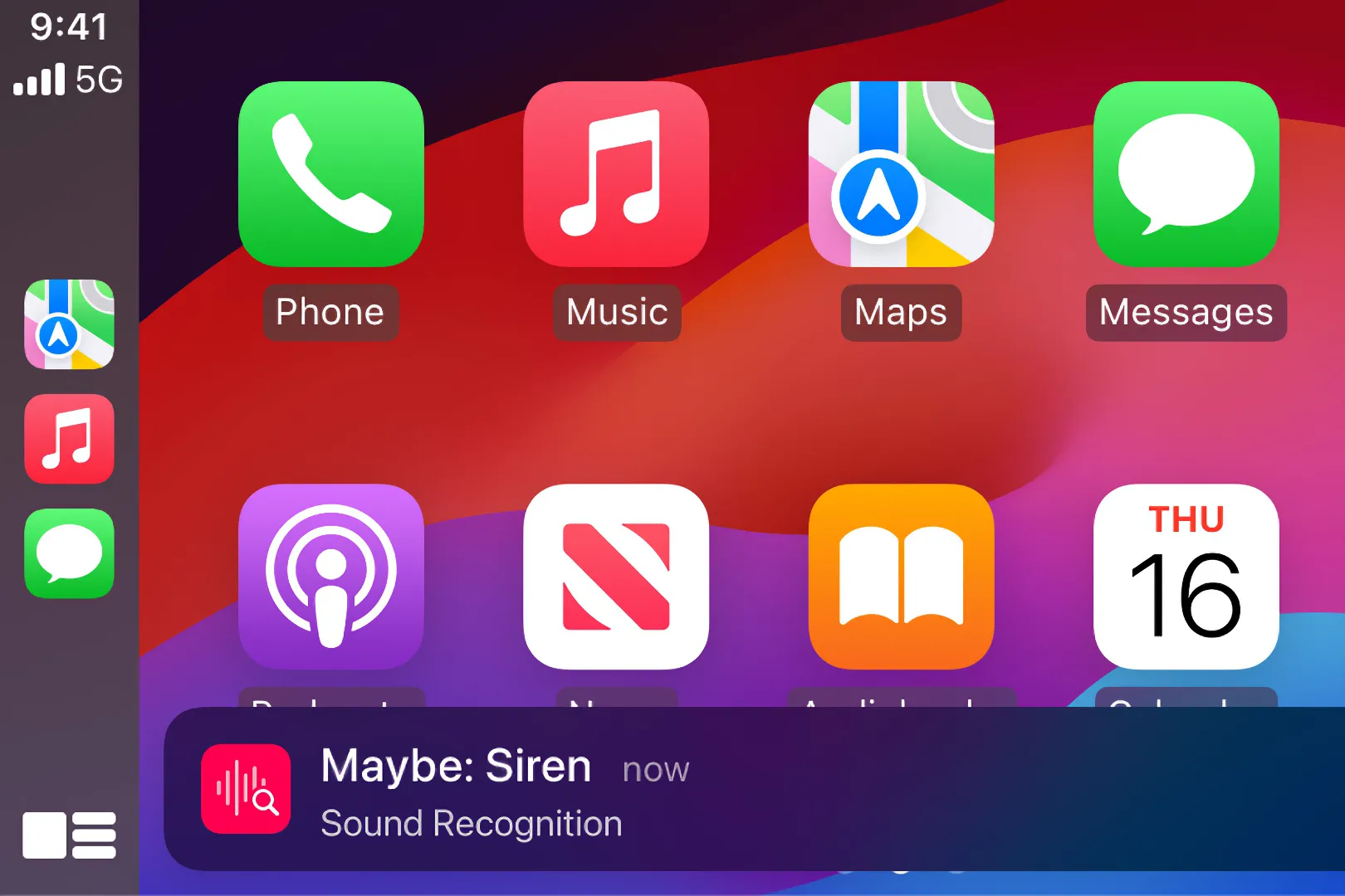Giao diện CarPlay với thông báo Nhận diện âm thanh về còi xe