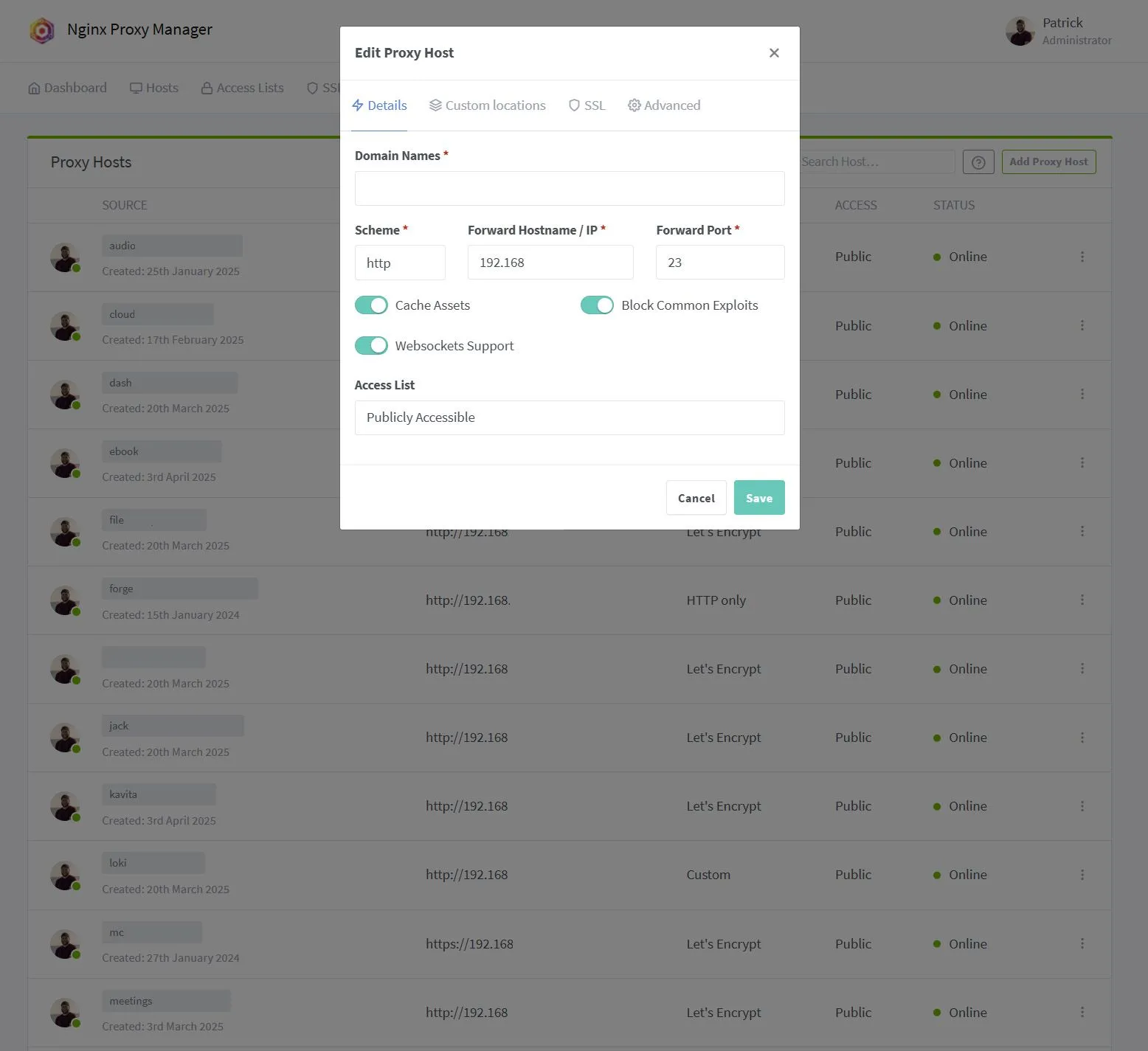 Giao diện cấu hình Nginx Proxy Manager khi thiết lập một host mới để định tuyến và bảo mật các dịch vụ tự host