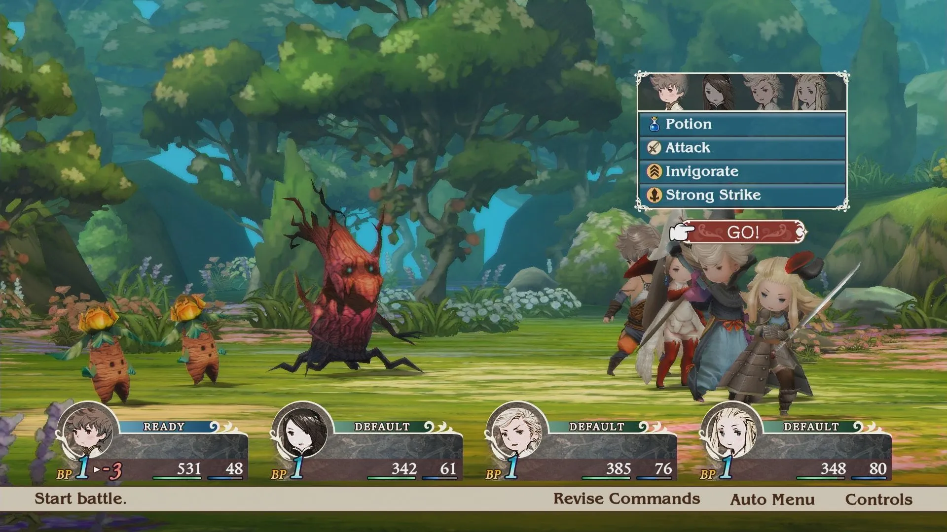 Giao diện chiến đấu theo lượt cổ điển trong Bravely Default Flying Fairy HD Remaster.